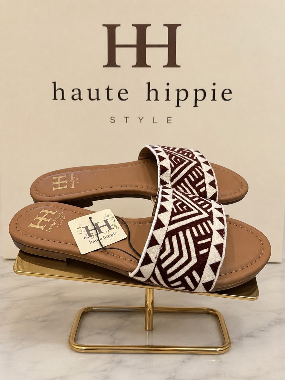 Haute Hippie Style Embroidered Tribal Slide Sandals Brown Cream Sz 9 NWT